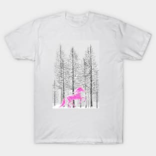 pink unicorn in snowing forest watercolor T-Shirt